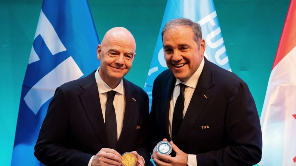 Fifa President Gianni Infantino speaking at a press conference regarding the 2026 World Cup funding