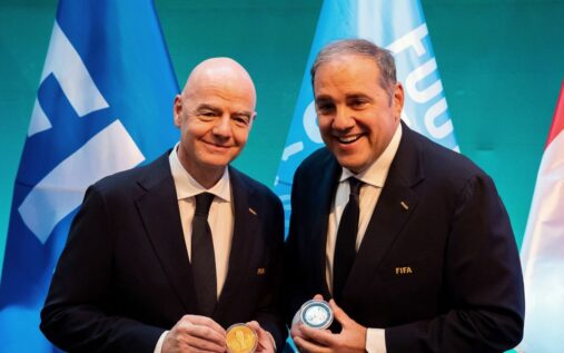 Fifa President Gianni Infantino speaking at a press conference regarding the 2026 World Cup funding