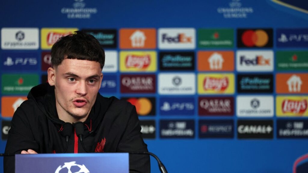 Florian Wirtz looking serious in a Liverpool kit during a match