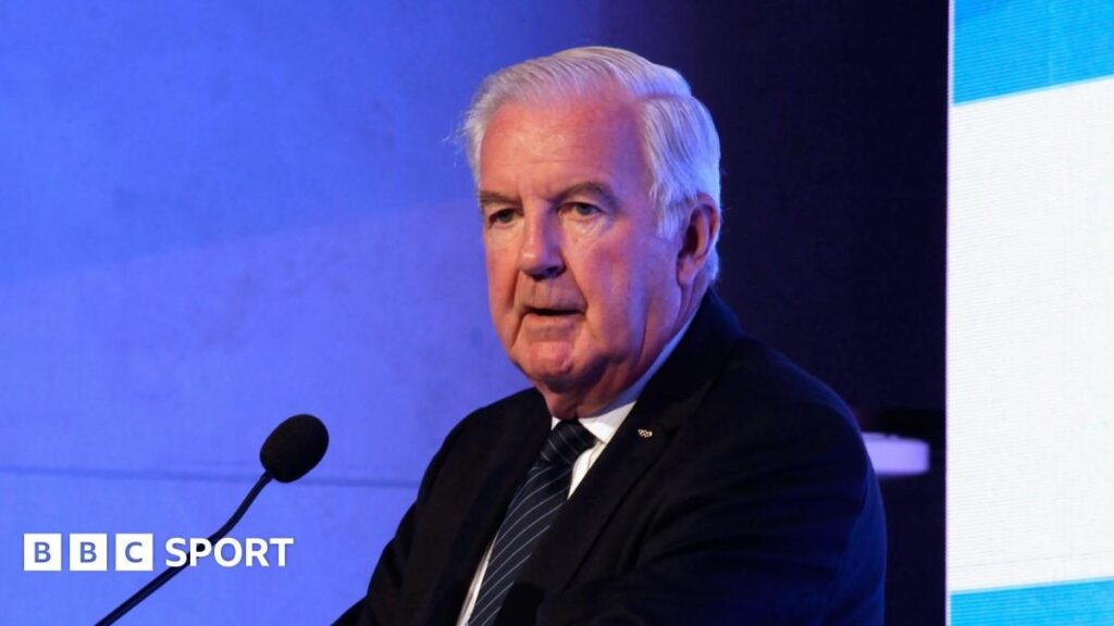 Portrait of Sir Craig Reedie speaking at a World Anti-Doping Agency press conference