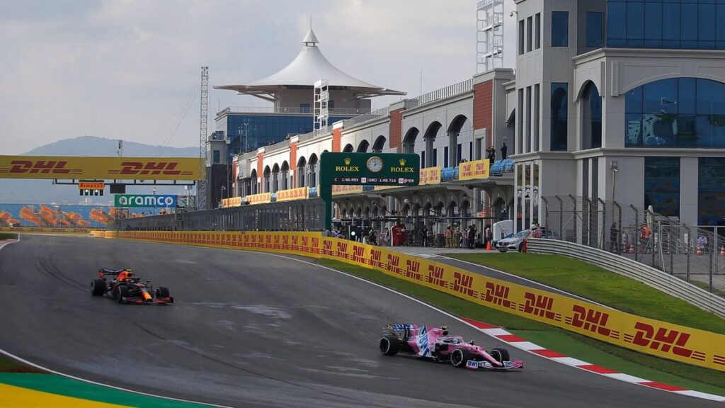 Formula 1 cars racing through Turn 8 at the Istanbul Park circuit in Turkey