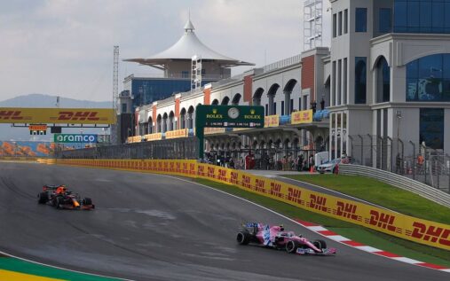 Formula 1 cars racing through Turn 8 at the Istanbul Park circuit in Turkey