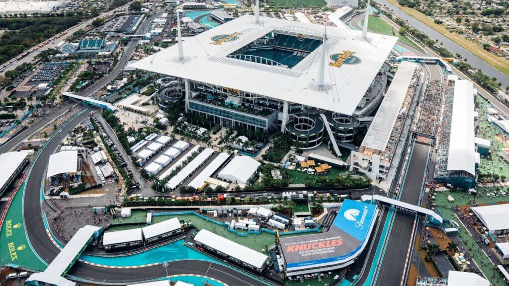 Aerial view of the temporary Formula 1 track circling the Hard Rock Stadium in Miami