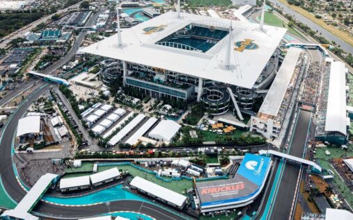 Aerial view of the temporary Formula 1 track circling the Hard Rock Stadium in Miami