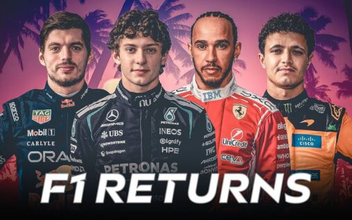 Mercedes and Ferrari Formula 1 cars racing on track at the Miami International Autodrome