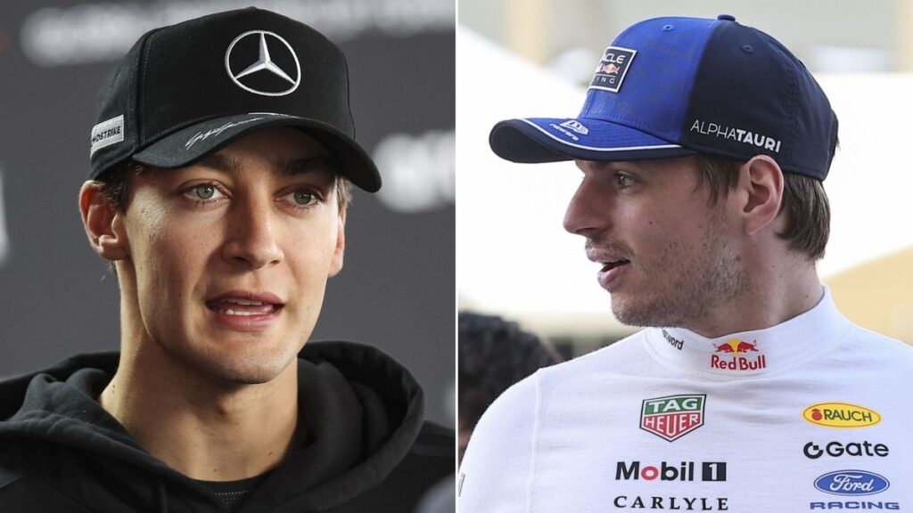 George Russell and Max Verstappen in their respective Mercedes and Red Bull team gear at a Formula 1 race weekend.