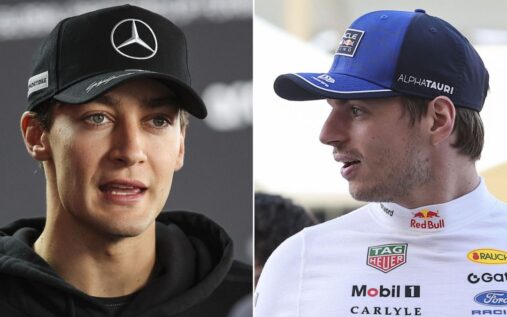 George Russell and Max Verstappen in their respective Mercedes and Red Bull team gear at a Formula 1 race weekend.