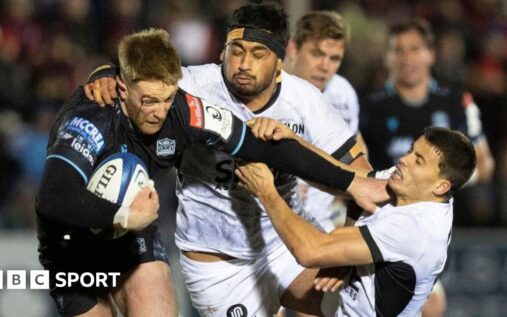 Glasgow Warriors players in action during a European Champions Cup rugby match at Scotstoun Stadium