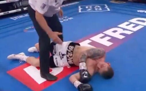 Boxer Glenn Byrne receiving medical attention in the ring following his super-welterweight bout against William Crolla