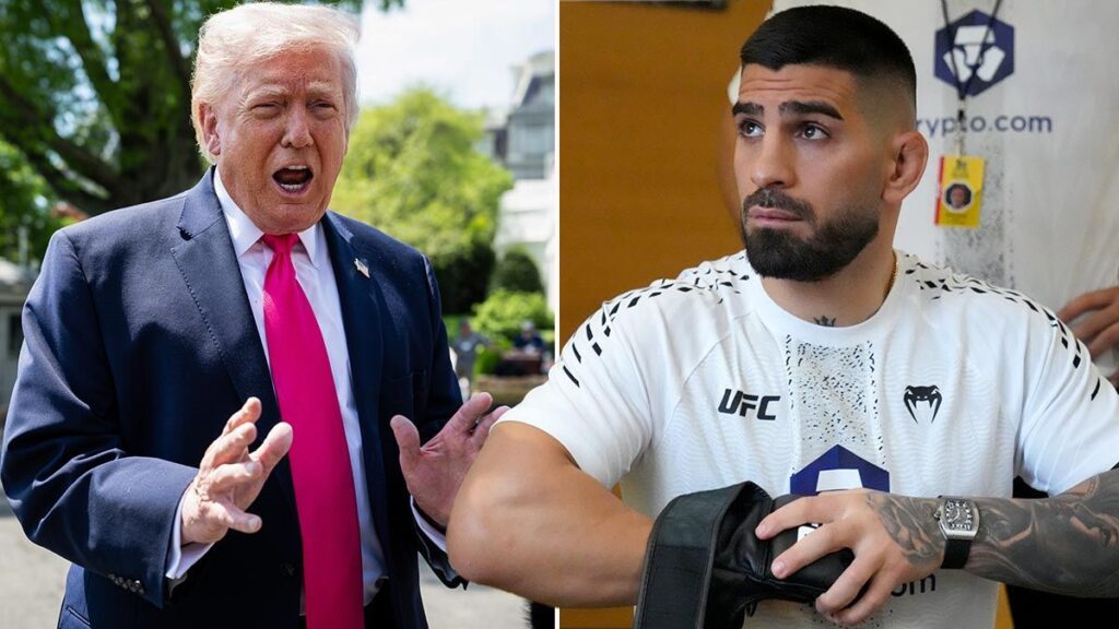 UFC lightweight champion Ilia Topuria celebrating a victory inside the octagon