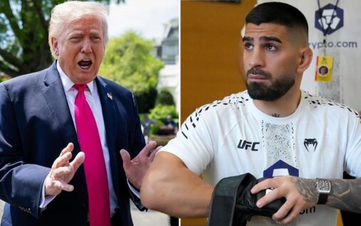 UFC lightweight champion Ilia Topuria celebrating a victory inside the octagon