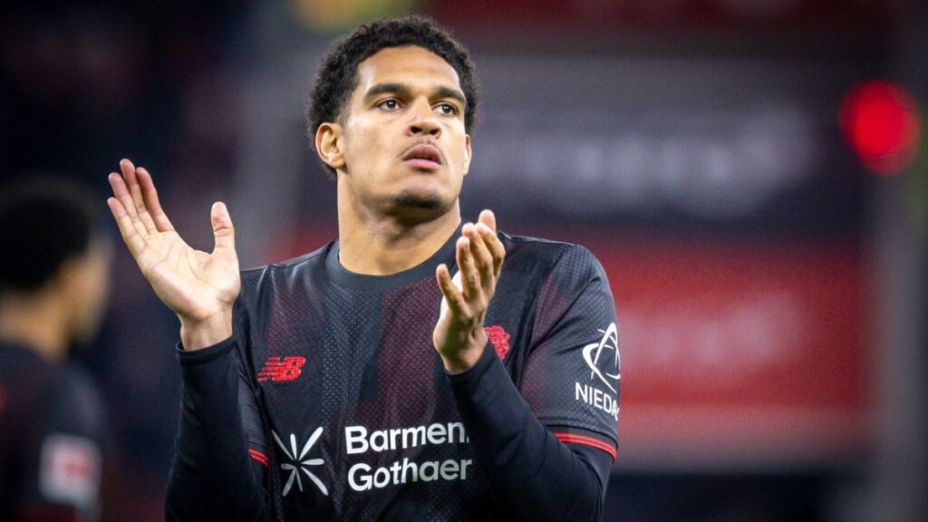 Jarell Quansah playing for Bayer Leverkusen in the Bundesliga