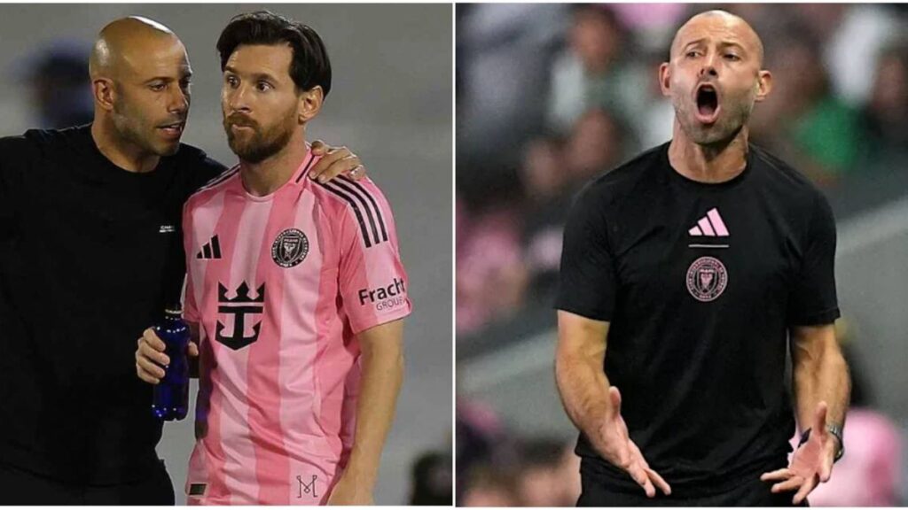Javier Mascherano and Lionel Messi standing together on the pitch in Inter Miami colours