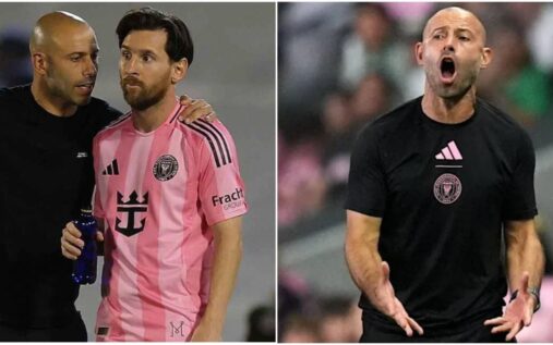 Javier Mascherano and Lionel Messi standing together on the pitch in Inter Miami colours