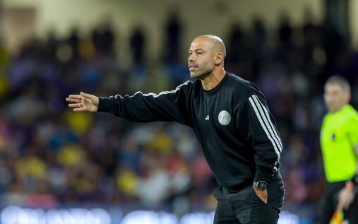 Javier Mascherano looking thoughtful on the touchline while managing Inter Miami