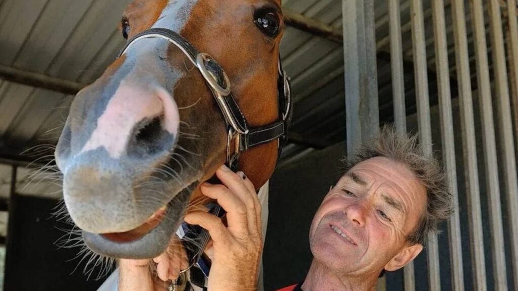 Australian jockey Shane McGovern in racing silks on horseback