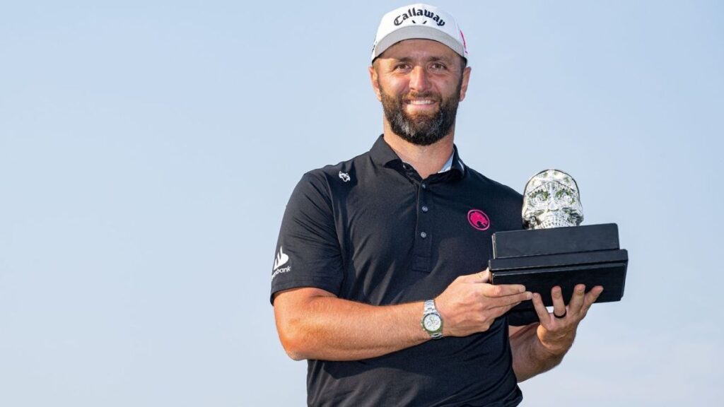 Jon Rahm celebrating his dominant six-shot victory at the LIV Golf Mexico City tournament