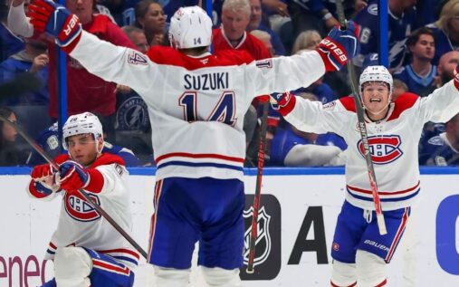 Juraj Slafkovsky of the Montreal Canadiens celebrating his overtime winning goal on the ice