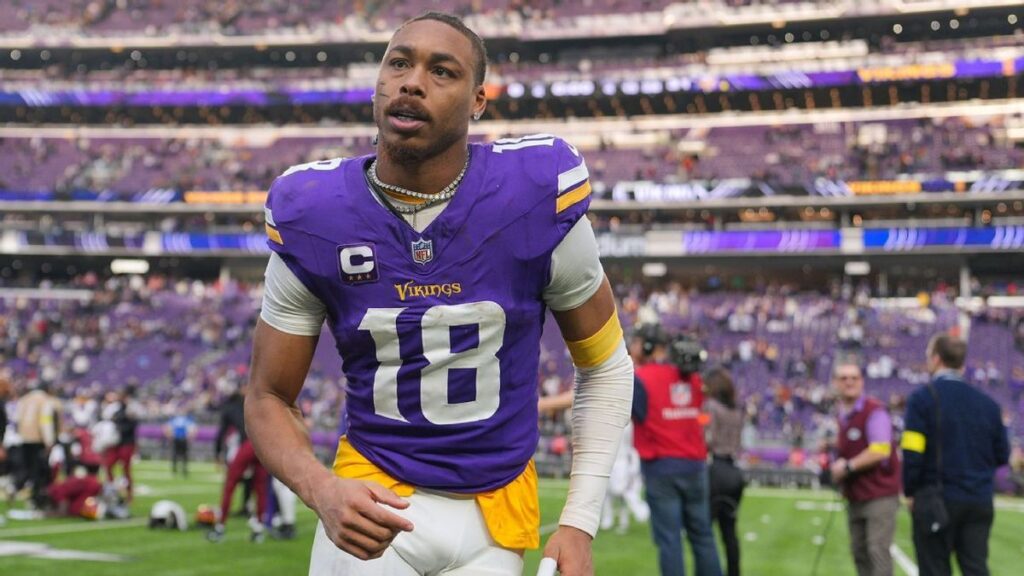 Justin Jefferson of the Minnesota Vikings speaking to the media at an NFL press conference.