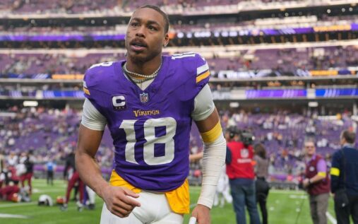 Justin Jefferson of the Minnesota Vikings speaking to the media at an NFL press conference.