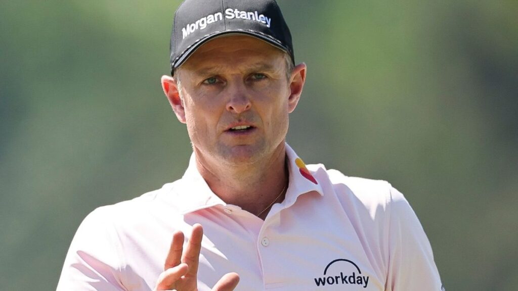 Justin Rose plays a shot on the fairway during the second round of The Masters at Augusta National