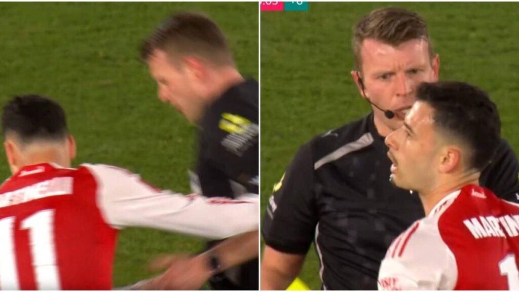 Gabriel Martinelli confronting referee Sam Barrott during Arsenal's FA Cup match against Southampton