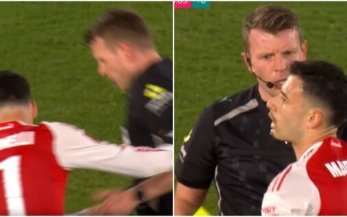 Gabriel Martinelli confronting referee Sam Barrott during Arsenal's FA Cup match against Southampton