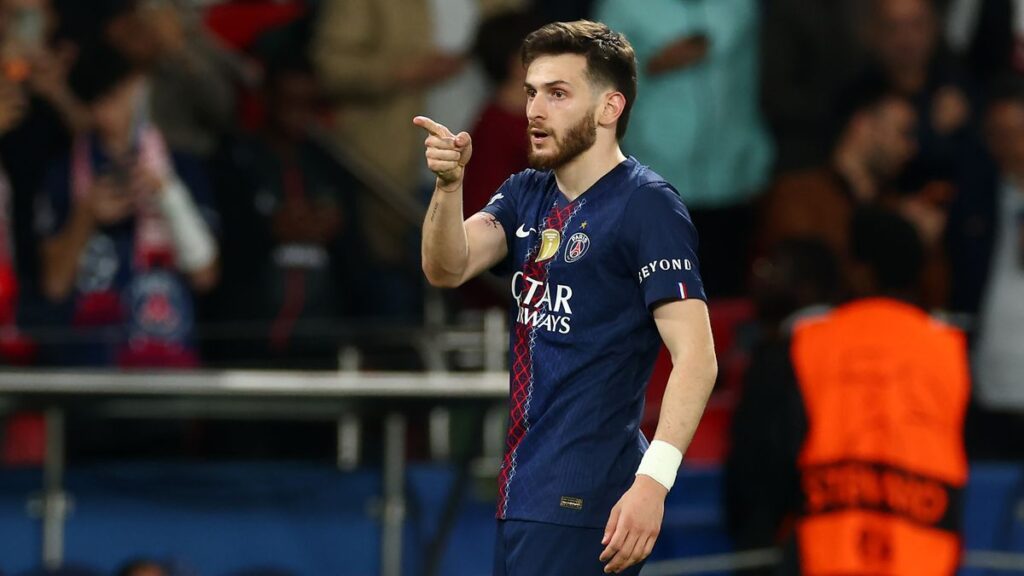 Khvicha Kvaratskhelia playing for Paris St-Germain during a Champions League match
