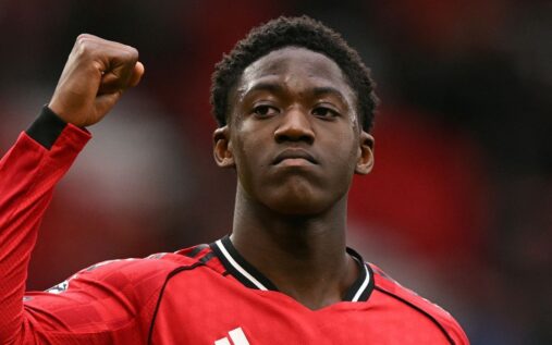 Kobbie Mainoo playing for Manchester United in the Premier League