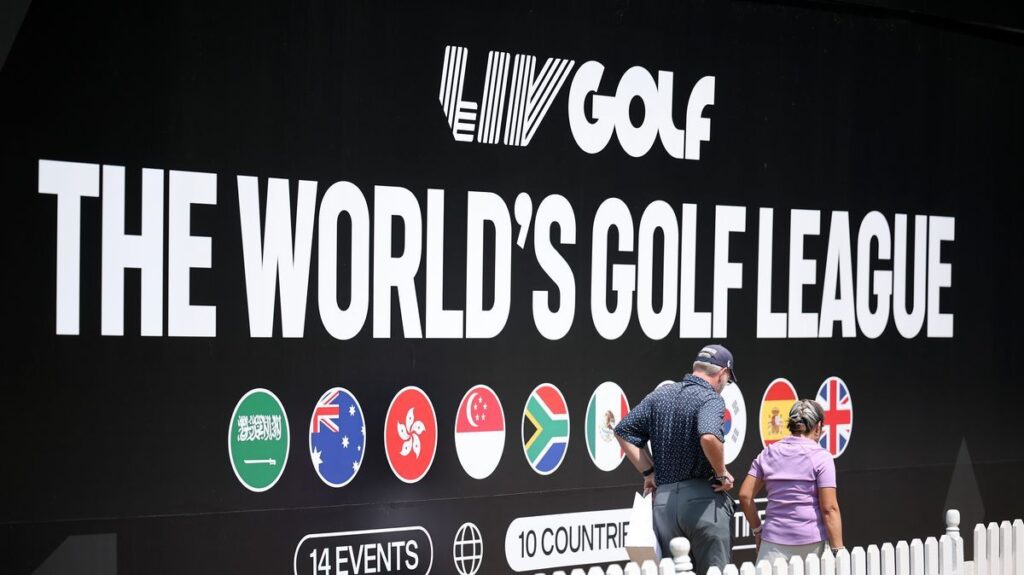 Arlo White and David Feherty broadcasting for LIV Golf at a tournament