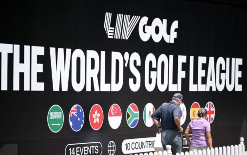 Arlo White and David Feherty broadcasting for LIV Golf at a tournament