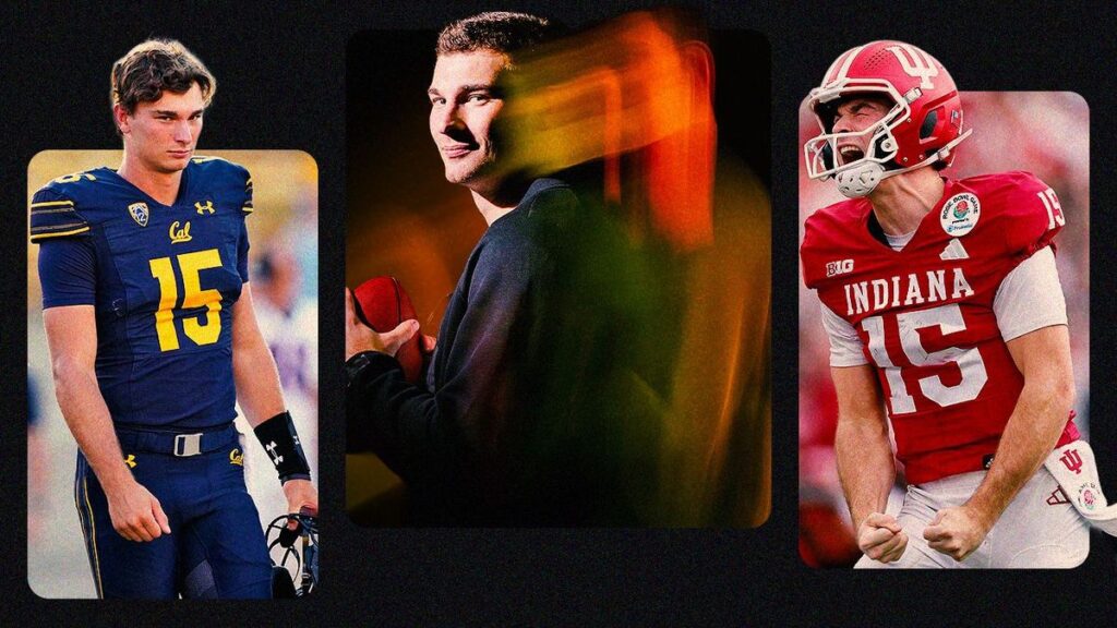 Fernando Mendoza smiling and speaking at a press podium during the NFL Scouting Combine