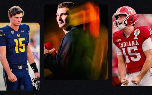 Fernando Mendoza smiling and speaking at a press podium during the NFL Scouting Combine
