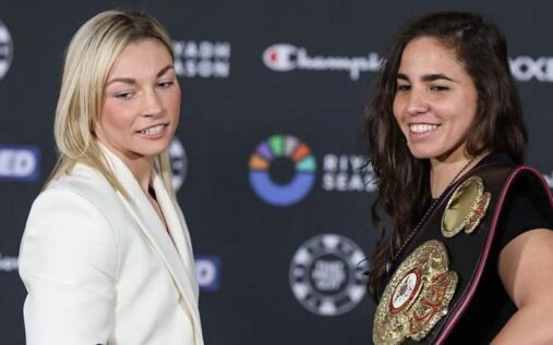 Lauren Price and Stephanie Pineiro facing off during a pre-fight press conference