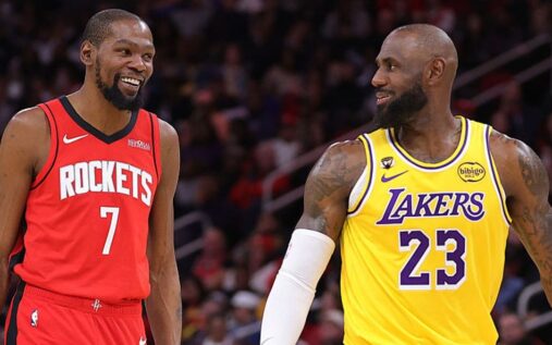 LeBron James and Kevin Durant facing off on the basketball court during an NBA game