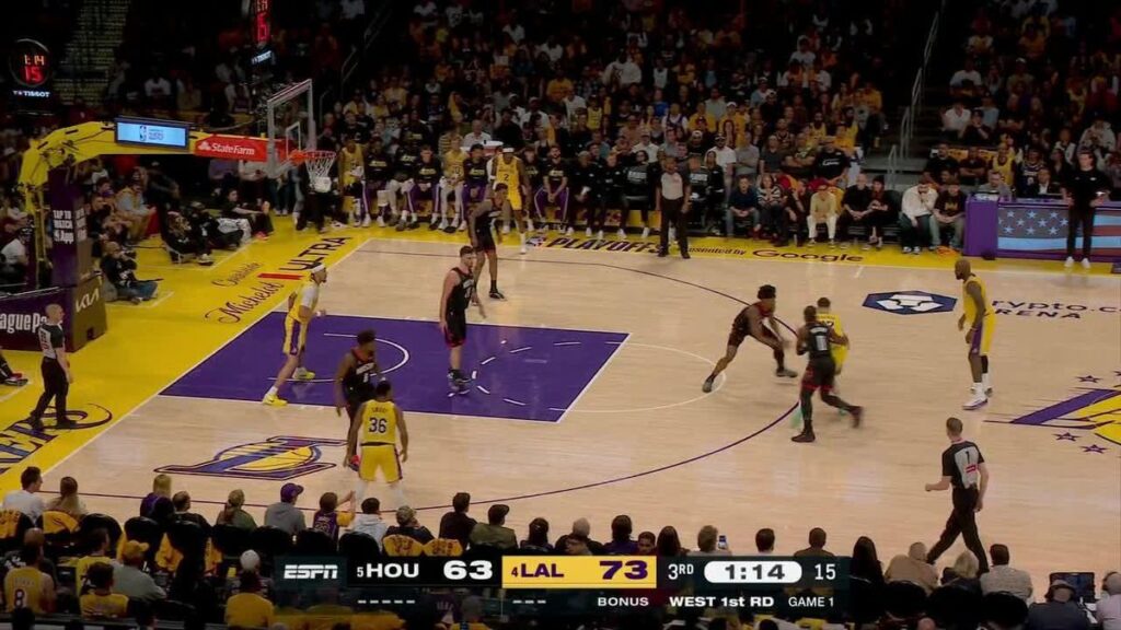 LeBron James of the Los Angeles Lakers directing a play on the basketball court