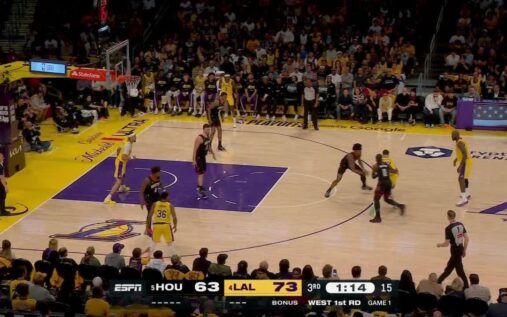 LeBron James of the Los Angeles Lakers directing a play on the basketball court