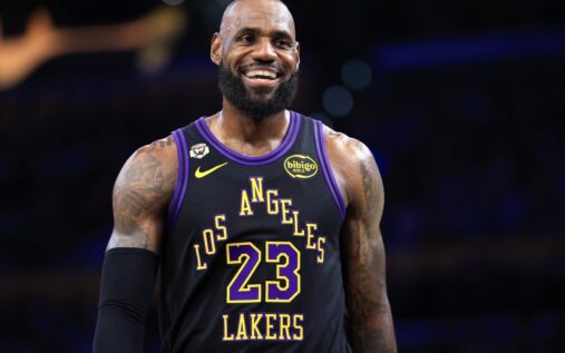 LeBron James dribbling the basketball for the Los Angeles Lakers against the Phoenix Suns
