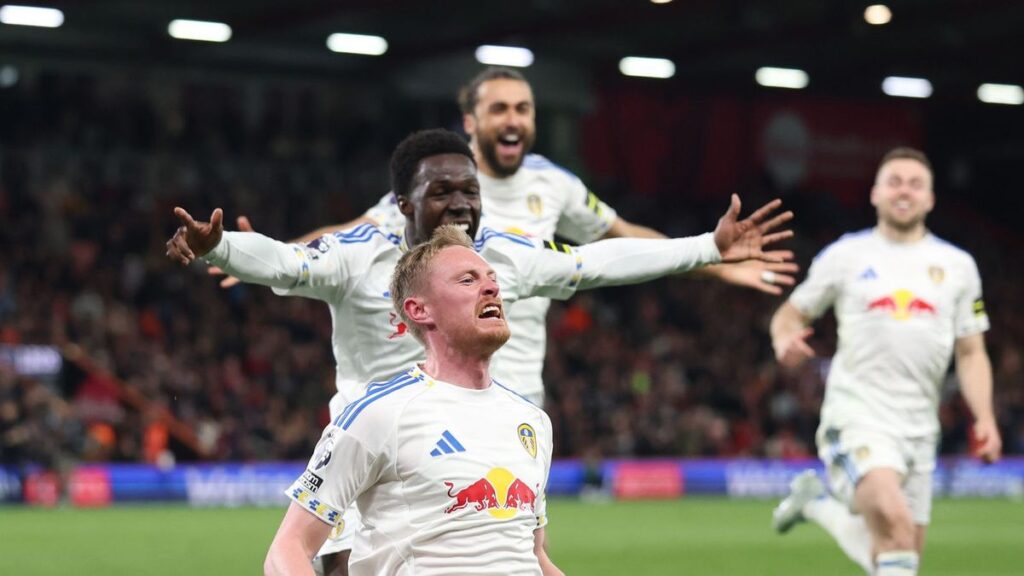 Sean Longstaff celebrating a dramatic late equaliser for Leeds United against Bournemouth