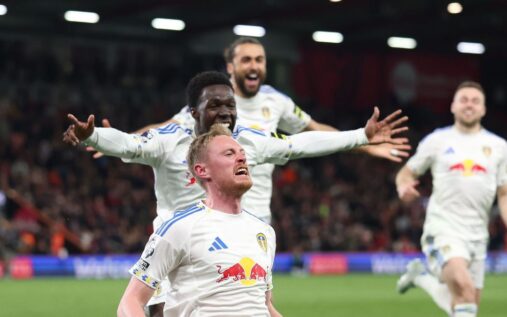 Sean Longstaff celebrating a dramatic late equaliser for Leeds United against Bournemouth