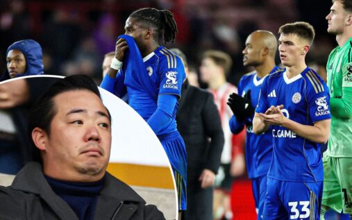 Leicester City players looking dejected on the pitch during a Championship match