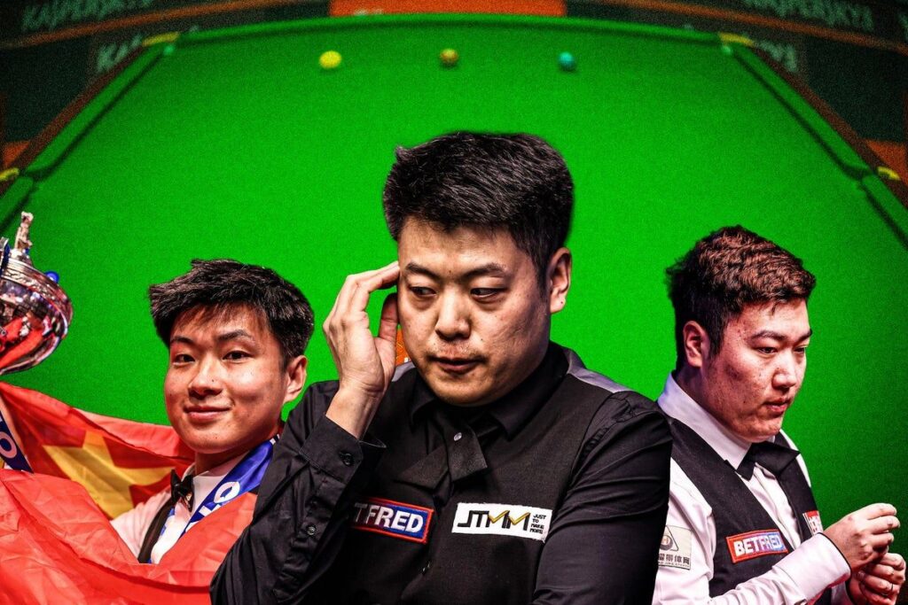Liang Wenbo playing a shot at the snooker table during a professional ranking tournament