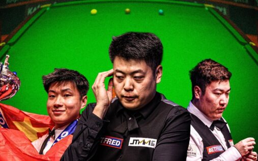 Liang Wenbo playing a shot at the snooker table during a professional ranking tournament