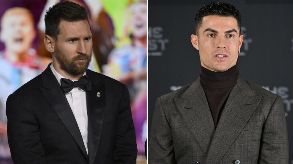 Lionel Messi and Cristiano Ronaldo facing each other on a football pitch