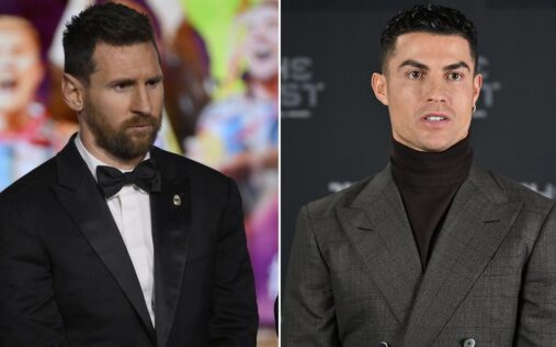 Lionel Messi and Cristiano Ronaldo facing each other on a football pitch