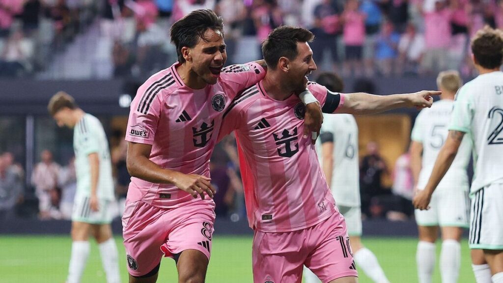 Lionel Messi celebrating a goal for Inter Miami against Austin FC inside their new stadium