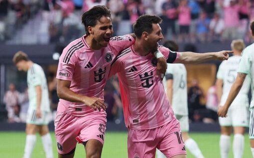 Lionel Messi celebrating a goal for Inter Miami against Austin FC inside their new stadium