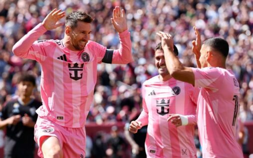 Lionel Messi celebrating a goal for Inter Miami during a Major League Soccer match