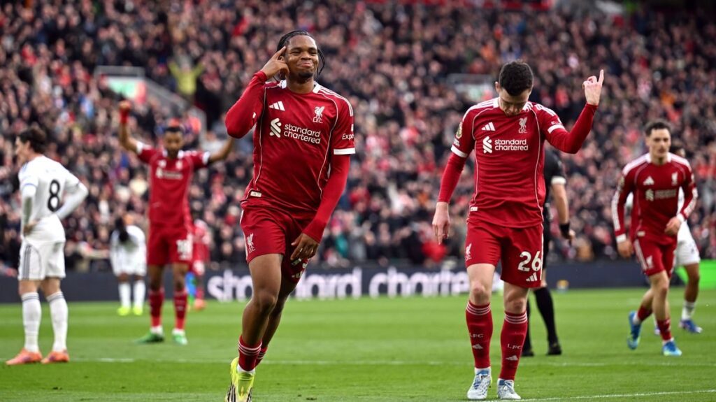 Liverpool winger Rio Ngumoha striking the ball during the Premier League match against Fulham at Anfield