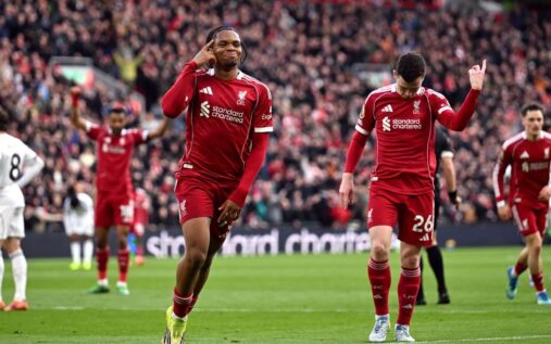 Liverpool winger Rio Ngumoha striking the ball during the Premier League match against Fulham at Anfield